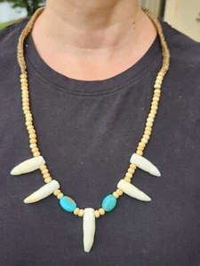 Schamanen Stil Choker Halskette Alligator Zahn Zähne Knochen Perlen echt Türkis - Bild 1 von 3