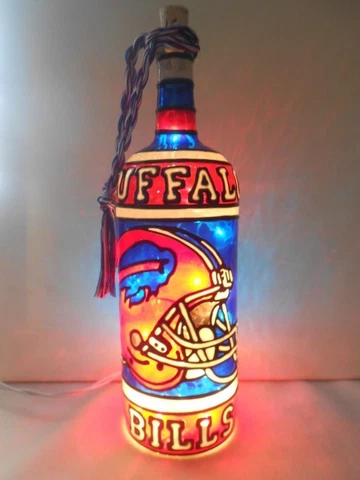 Buffalo Bills Inspired Hand Painted Lighted Wine Bottle Stained Glass look Cover