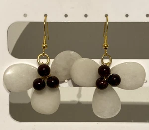 Quartzite Petal & Garnet Bead Flower Earrings on Gold Plated Ear Hooks - Picture 1 of 5