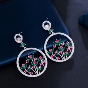 Vivid Hot Pink Tennis CZ Green Leaf Round Dangle Drop Long Earrings for Ladies - Bild 1 von 9