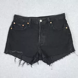Levis Shorts Womens 29 Black 501 Denim Jean Cut Off Raw Hem Distressed Goth Alt - Picture 1 of 9