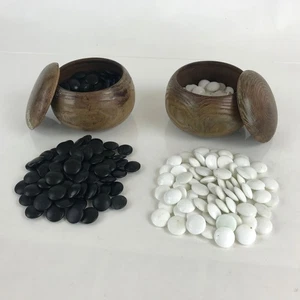Japanese Go Stone Goishi Game Piece Set Vtg Brown Bowl Black White GO79 - Picture 1 of 12