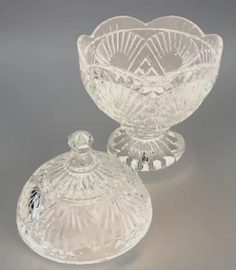 Hollywood Regency Art Deco Clear Cut Crystal Glass Candy Dish Decor Lid Boho MCM - Picture 1 of 15