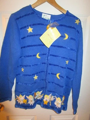Quacker Factory Christmas Sweater Women Blue Cardigan W/Angels Cot blend Medium - Image 1 of 4