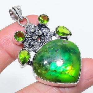 Green Labradorite, Peridot Gemstone 925 Sterling Silver Pendant 2.25" S902 - Picture 1 of 2