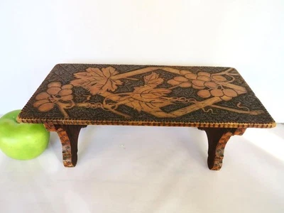 Antique Victorian Arts & Crafts Hand Carved Grapes Wood Folding Footstool Rest - Image 1 of 4