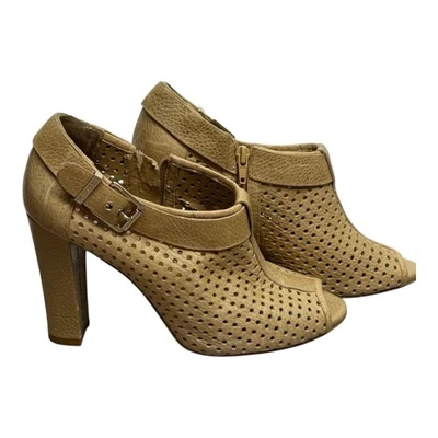 BCBGeneration Booties 8.5 Beige Leather Peep Toe Heeled Ankle Boots Cutout Shoes - Image 1 of 4