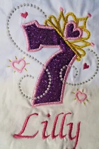 Embroidered Personalised Birthday Princess T-shirt with Glitter - FREE UK POST - Picture 1 of 4