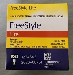 Freestyle Lite Blood Glucose Diabetic Testng Strips 2x50ct =100ct -Exp 8/31/26 B - Picture 1 of 1