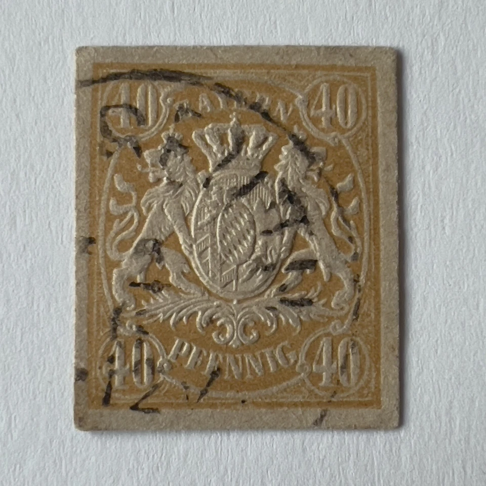 EARLY BAVARIA 40 PFENNIG POSTAL CARD STAMP CUT SQUARE WITH BAYREUTH CANCEL - Image 1 of 3