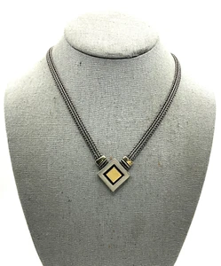 CW01 Vintage 925 Sterling Silber und Gold Akzente Quadrat Anhänger Halskette - Bild 1 von 8
