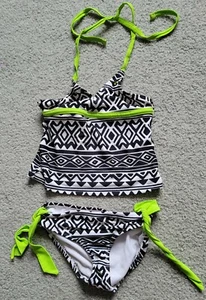 Justice Swim Girls Sz 6 Fashion Bikini 2 piece swimsuit Tribal print White Green - Picture 1 of 11