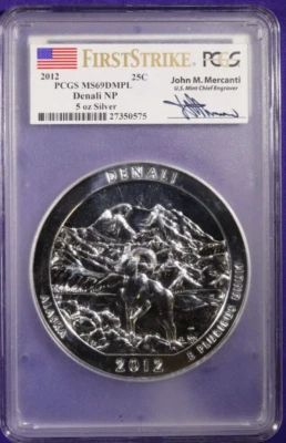 2012 5oz 25c Silver Denali ATB - PCGS MS69PL John Mercanti Signed Coin. - Image 1 of 4