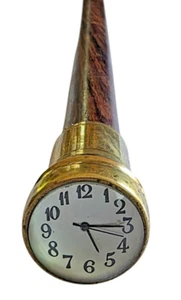 VINTAGE Brown Wood / Quartz Clock Handle 35" Walking Stick Cane - Picture 1 of 6