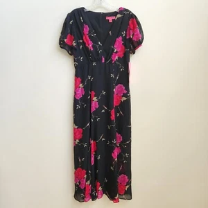 Betsey Johnson Dress Women's 8 Black Pink Floral Maxi Boho Peasant Evening Chic - Picture 1 of 19