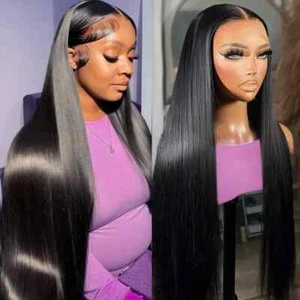 Natural Straight 13x6 13x4 Transparent Lace Frontal Wig Remy Human Hair Wigs - Picture 1 of 18
