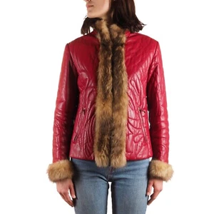 Iceberg Vintage 90s Women's Quilted Red Leather Fur Trim Jacket Size IT 42 / S - Picture 1 of 16