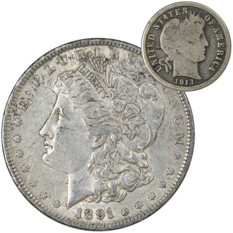 1891 Morgan Dollar XF EF Extremely Fine 90% Silver with 1913 Barber Dime G Good Cover