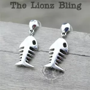 Fun Rustic or Punk Rock Silver Fish Bone Dangle Post Earrings - 1 5/8" - Picture 1 of 4