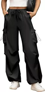 Cargo Pants for Women Baggy Parachute Pants Wide Leg Drawstring (Black,Size:S) - Picture 1 of 7
