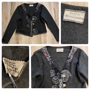 Handmade Embellished Wool Blend Cardigan Sweater Size Medium Ghislaine Lagorio - Picture 1 of 6