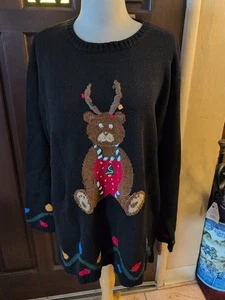 Suéter tejido Quacker Factory para mujer Navidad vacaciones oso de peluche reno - Imagen 1 de 7