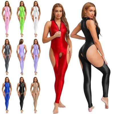 TIAOBUG DE Damen Glitzer Öl Bodystockings Reißverschluss Bodysuit Unterwäsche Clubwear