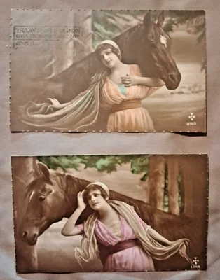 Hermosa Mujer Posando con Caballo Estudio Foto Tintada a Mano RPPC Lote de 2, c.1920 Foto 1 de 4