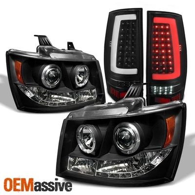 Faro negro proyector doble halo para Chevy Tahoe Suburban 07-14 + lámpara trasera de tubo Foto 1 de 4