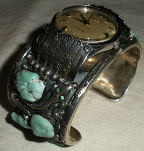 RELOJ PULSERA LONGINES NAVAJO SERPIENTE TURQUESA PLATA ESTERLINA VINTAGE vafo - Imagen 1 de 16