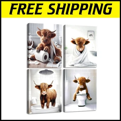 Whimsical Highland Cow Bathroom Wall Art Set of 4 - Easy to Hang 8x10 Prints - Image 1 of 4
