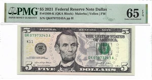 2021 $5 DALLAS FRN. PMG Gem Uncirculated 65 EPQ Banknote. - Picture 1 of 2