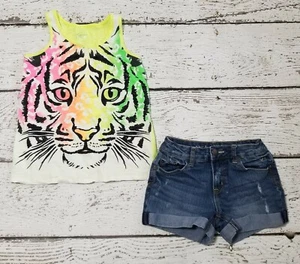 JUSTICE 12 Girls Yellow Rainbow Tiger Tank Top and Denim Jean Shorts Slim  VGUC - Picture 1 of 6