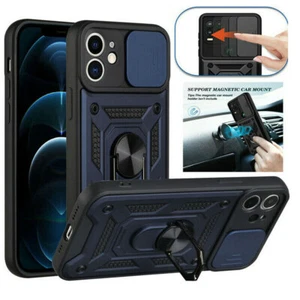 Rubber Shockproof Case Slide Camera Lens Cover Metal Ring Kickstand For iPhone - Picture 1 of 44