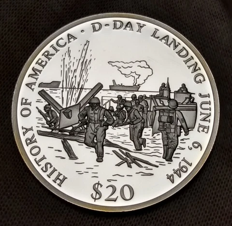 2001 Liberia $20 Proof - .999 Silver Coin - D-Day 1944 WWII - History of America Cover