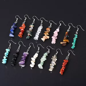 7 Chakra Natural Crystal Quartz Chip Stone Earrings 925 Silver Hook Healing Gift - Picture 1 of 24