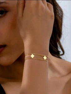 Schlichtes und luxuriöses Armband Kleeblatt zweilagig Vintage Design 18 Karat vergoldet - Bild 1 von 6