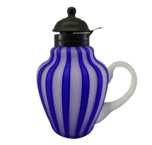 Antique Murano Latticino Cobalt Blue Circus Stripes Syrup Pitcher Dispenser - Picture 1 of 12