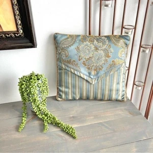 Vintage Blue & Gold Floral Striped Jacquard Square Decorative Throw Pillow - Picture 1 of 6