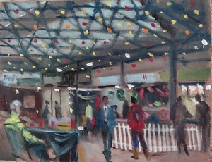 PINTURA AL ÓLEO ORIGINAL MICHAEL RICHARDSON Luces de Navidad Borough Market LONDRES - Imagen 1 de 1