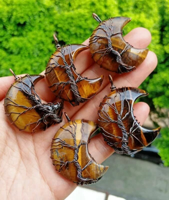 10pcs Tiger eye Stone Tree of life Moon Pendants Energy Reiki Healing Amulet - Image 1 of 3