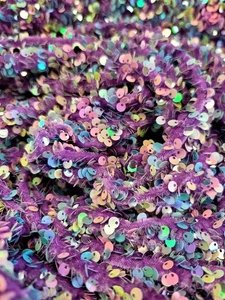 BLUE LILAC IRIDESCENT SEQUINS ON LAVENDER STRETCH VELVET FABRIC SOLD BY THE YARD - Picture 1 of 11