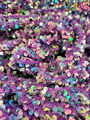 BLUE LILAC IRIDESCENT SEQUINS ON LAVENDER STRETCH VELVET FABRIC SOLD BY THE YARD - Image 1 of 4