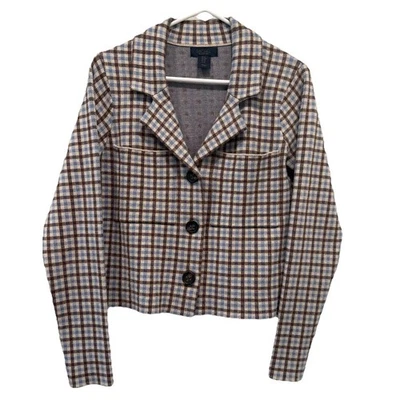 RACHEL Rachel Roy Womens M Jacket Blazer Plaid Stretch Button Close Brown Blue - Image 1 of 4