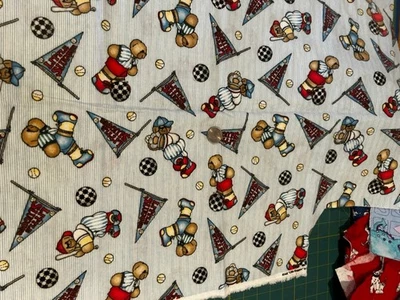 DK Cute Baseball Bears on Blue Stripe Cotton  Flannel FabricOOP - Image 1 of 3