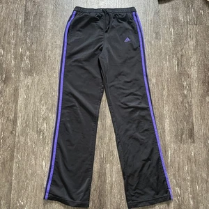Adidas Track Pants Womens Black Purple 3 Stripe Athletic Joggers Drawstring S - Picture 1 of 9