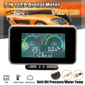 3 In 1 Car LCD Digital Gauge Voltmeter Oil Pressure Water Temp Meter M10 1/8 NPT - Picture 1 of 20