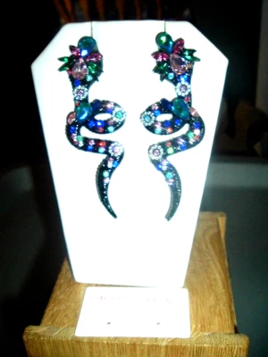 LONG BLACK Body BLUE Crystals "YEAR OF SNAKE" Betsey Johnson Pierced EARRINGS - Image 1 of 4