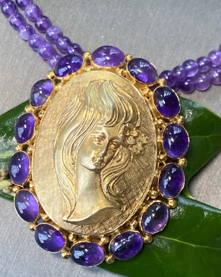 复古浮雕吊坠胸针紫水晶项链庄园精美珠宝二手 14k — 第 1/4 张图片