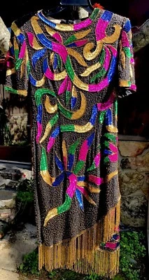 Vintage Lawrence Kazar 80s Silk Dress Sequin Fringe Flapper Beads Mardi Gras M - Image 1 of 4